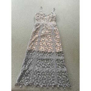 Elliatt Blue Lace Overlay Midi Dress Nude Lining Cocktail Event Size S Glam